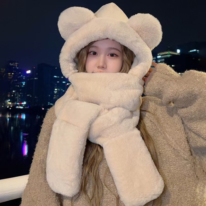 Sombrero de reemplazo de una pieza otoño-invierno nuevo sombrero de peluche para mujeres conjunto de tres piezas versión coreana sombrero frío cálido bufanda guantes de invierno tienda al por mayor details Picture