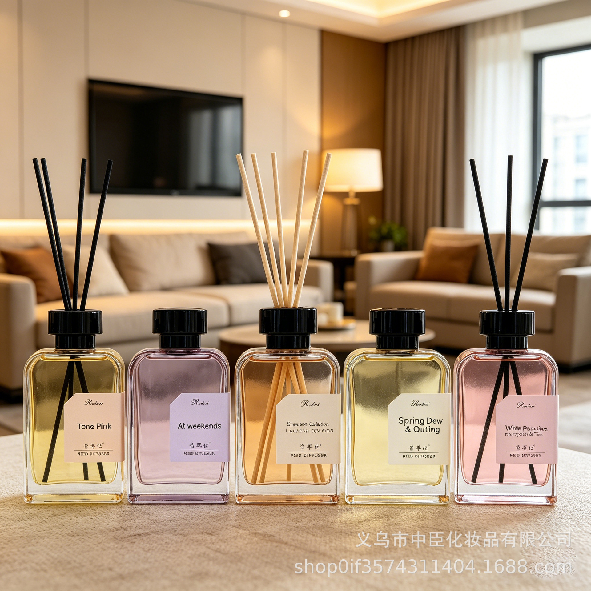 Five-bottle transparent glass aroma diffuser, black cap, bamboo aroma stick, color label