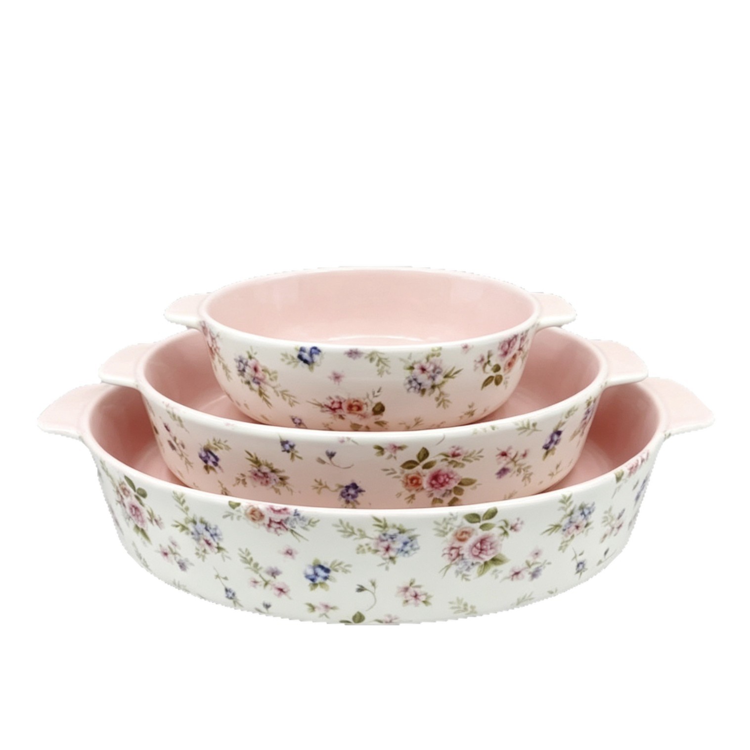 A country-style, fresh and simple floral ceramic baking tray with a pink inner double-ear baking bowl. It can be used in a microwave oven and is a ceramic vessel Item Picture