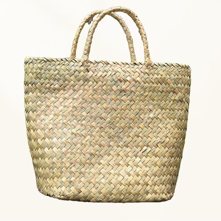 网红款编织手提包小众女包旅游度假小清新凹造型手工草编收纳白底实物图