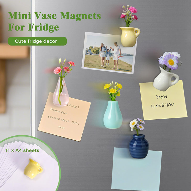 New mini ceramic vase magnet for kitchen, refrigerator, office storage cabinet decoration, cute small plant vase Specification image