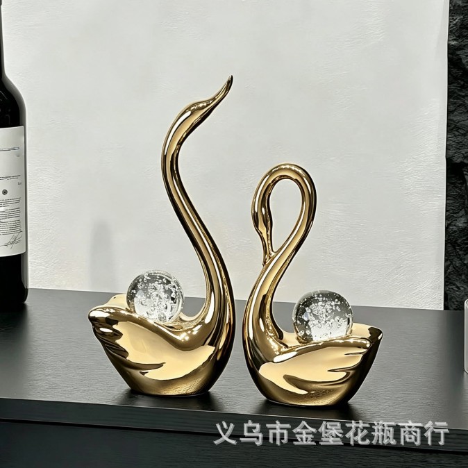 Black and white color-matched couple swan ceramic decorative piece with crystal ball, modern and simple living room TV cabinet home decoration Specification image
