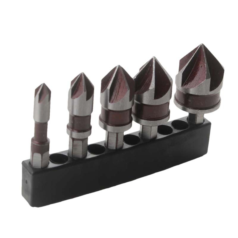 Cross-border factory 5-piece set of red 82° hexagonal handle five-edge chamfering tool chamfering knife 锪 drill screw countersunk head countersunk hole drill Item Picture