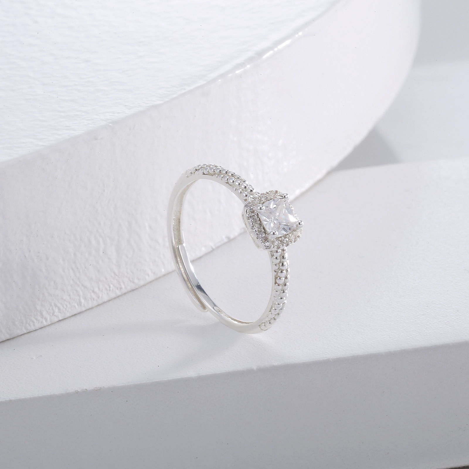 Wholesale of small square sugar ring for women, featuring a light luxury design with square diamonds and a simple, super shiny white diamond ring details Picture