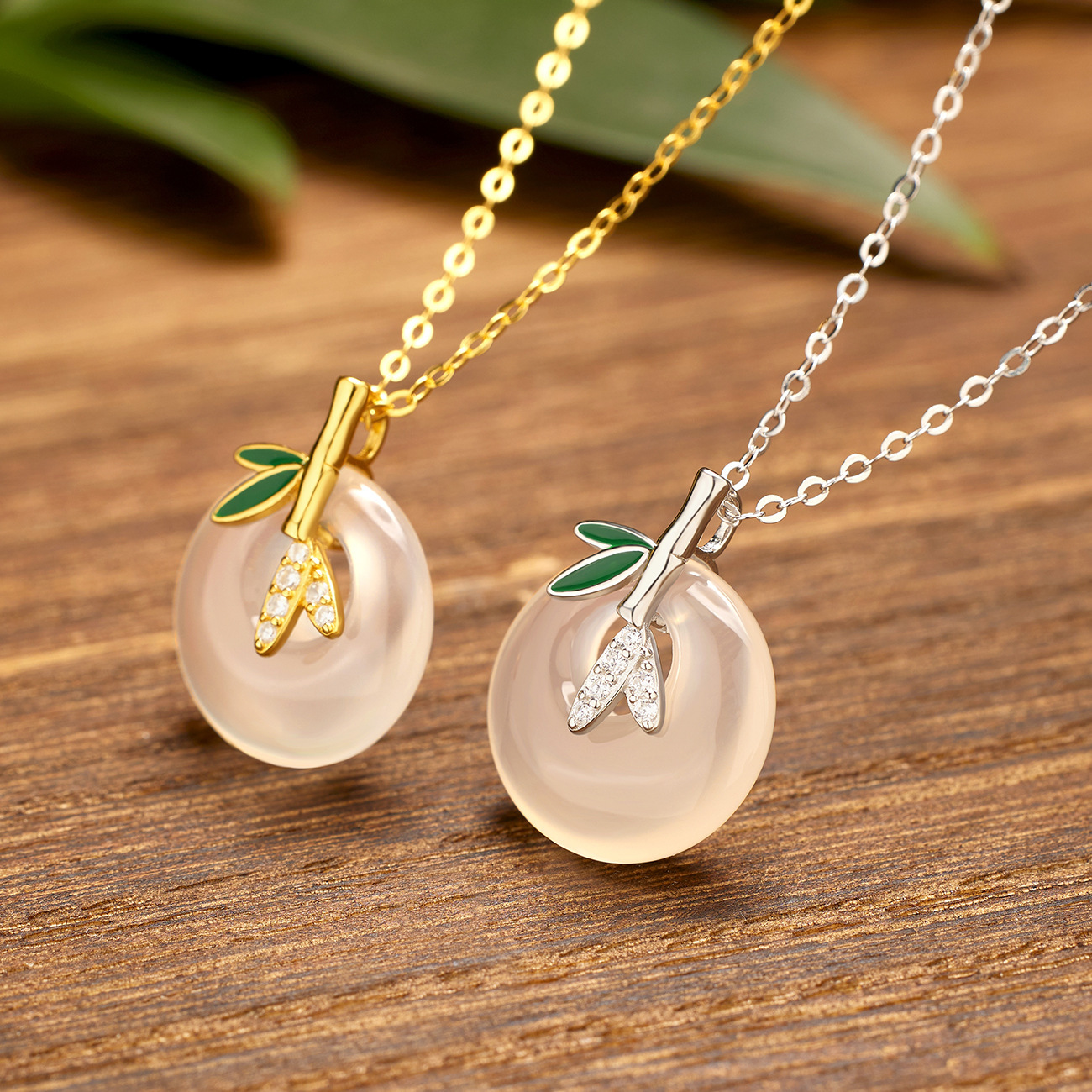 925 silver Chinese-style niche design, simple bamboo pendant collarbone chain, natural chalcedony peace pendant necklace for women details Picture