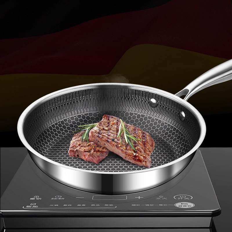 Stainless steel uncoated honeycomb wok, flat pan, frying pan, household small pancake, egg frying, pancake, steak frying plate