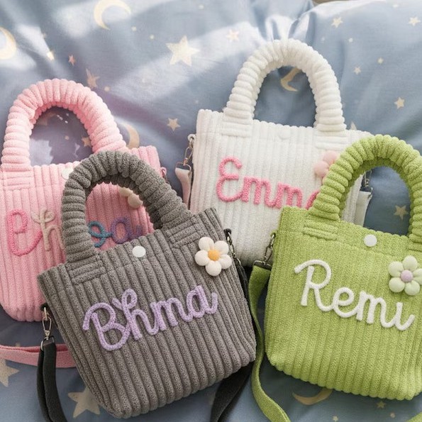 Cross-border canvas bag, striped canvas bag, etsy personalized hand-embroidered name, crossbody backpack, candy-colored hand-held high-end white matching corduroy single-shoulder tote bag, fabric bag details Picture