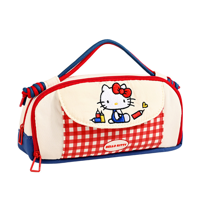 三丽鸥授权Hello Kitty笔袋复古红白格大容量手提文具袋学生礼物白底实物图