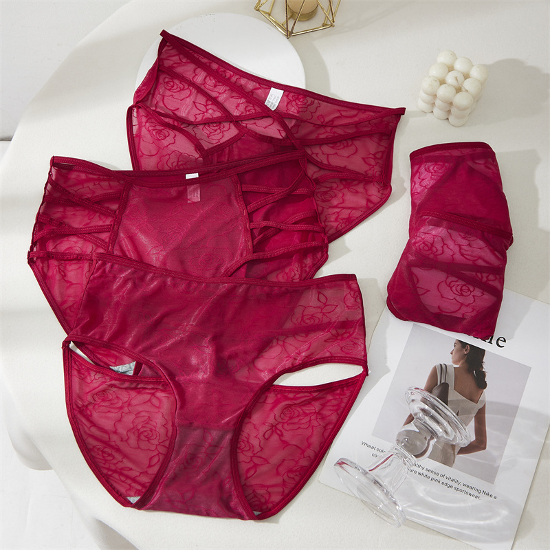Sexy mesh underwear for women, breathable and comfortable, with fine straps, cross-cut, high-elasticity and high-waisted, large-sized Ankara red underwear for women details Picture