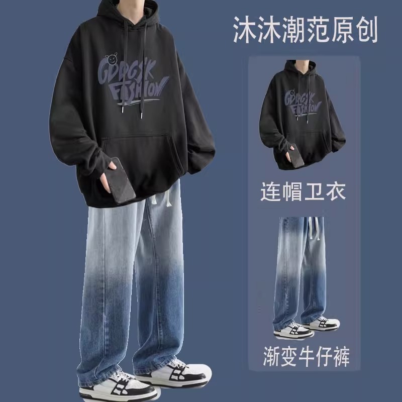 A trendy and loose hooded sweatshirt for men's autumn and winter, paired with straight-leg jeans for a cool and stylish outfit details Picture