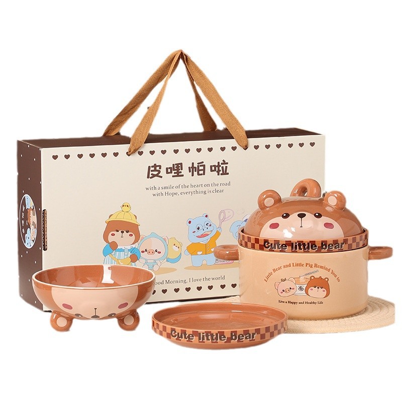 Practical cartoon bowl three-piece set for company opening event, engraved LOGO, creative souvenir, annual meeting, team-building Item Picture