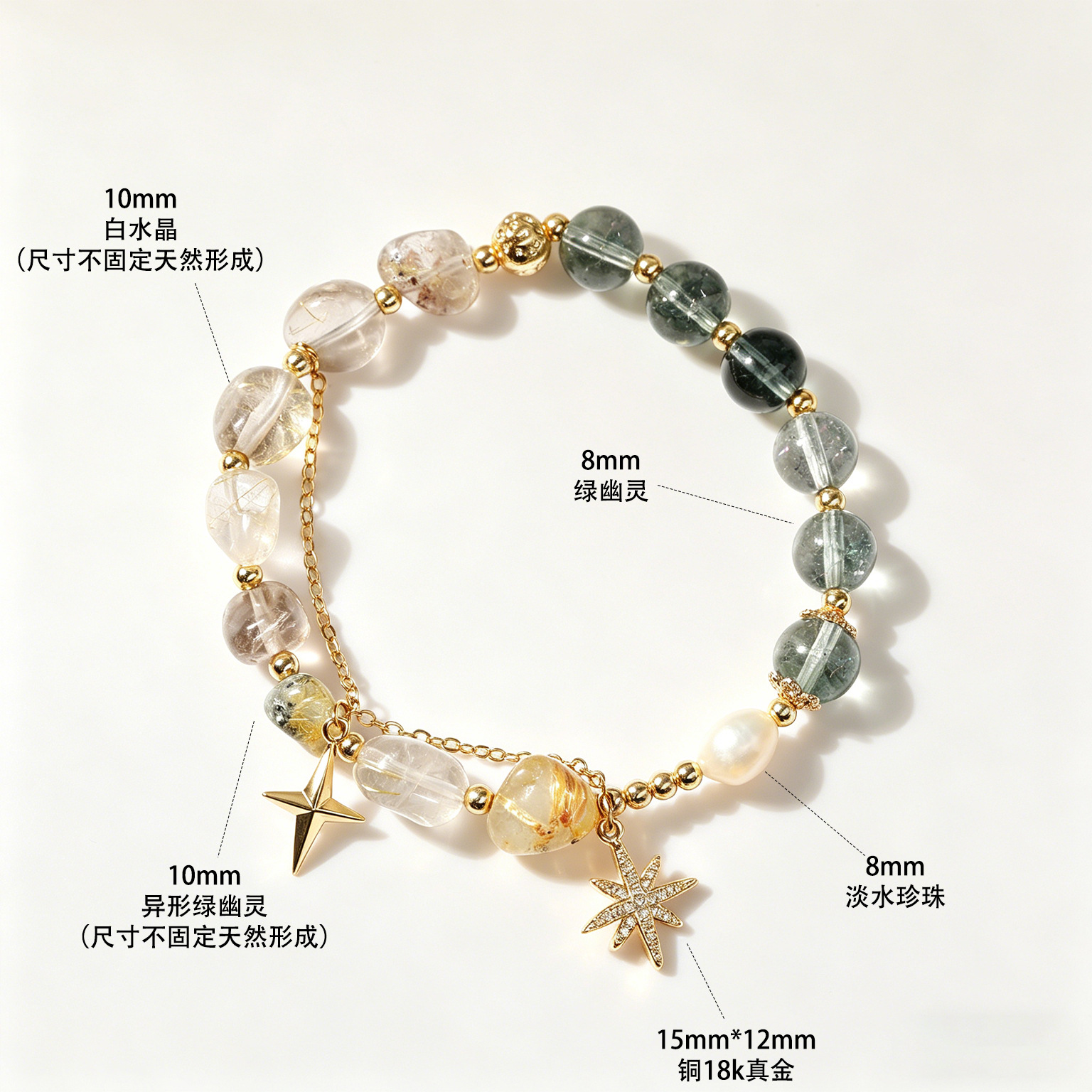 Natural white crystal original design Green Ghost bracelet Hexagram Green Ghost bracelet wholesale on Xiaohongshu and Douyin Specification image