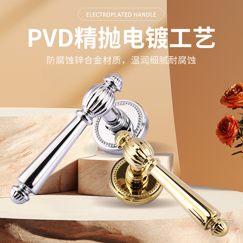 French light luxury retro bedroom door lock, golden indoor magnetic silent lock, wooden door, room door handle, split lock details Picture