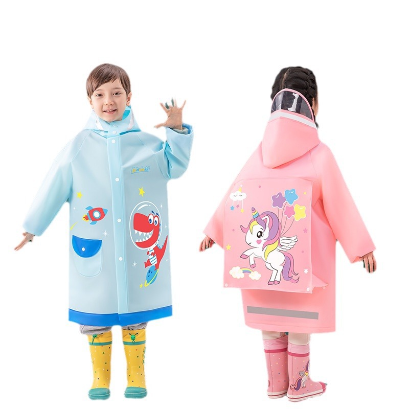 EVA children's raincoat with enlarged schoolbag space, reflective strip, optional zipper pull cord, high-necked raincoat for primary school students Item Picture