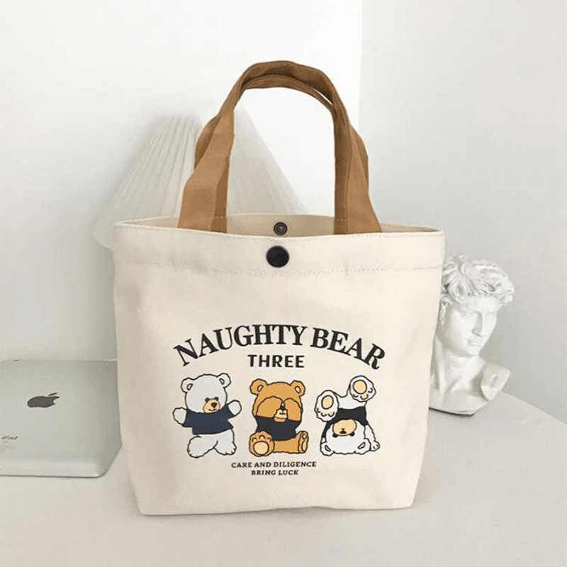 Cross-Border Bear Canvas Bag For Female Students, Portable Work Small Number, Hand-Held Bento Bag, Handbag Canvas Bag For Women, Single-Shoulder Bag, Handbag Storage Bag, Simple Handbag Canvas Bag Specification drawing