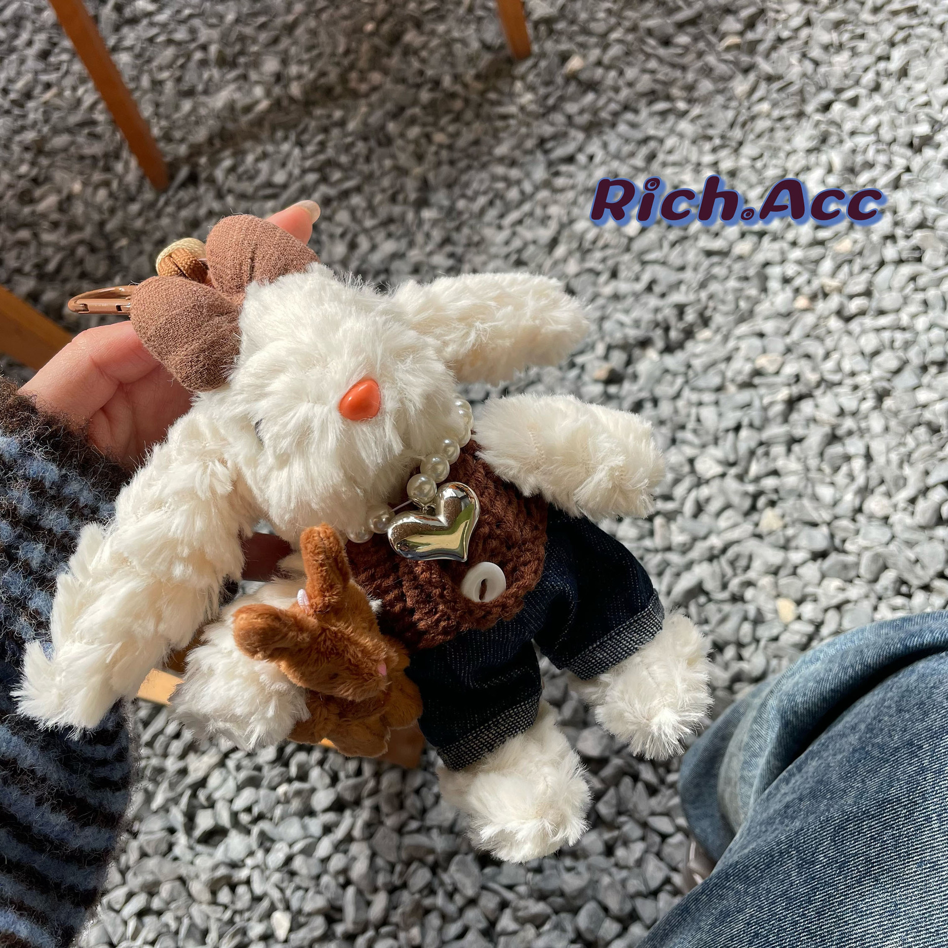 [Real Shot] High-quality Korean denim sweater, vest, long earlobe, ear rabbit, plush toy bag, pendant, keychain