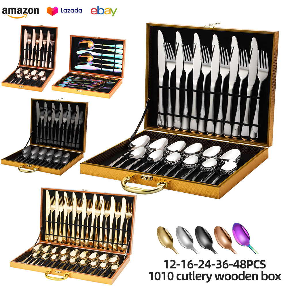 25年新款跨境不锈钢餐具套装洗碗机可用1010刀叉勺金色木盒套装