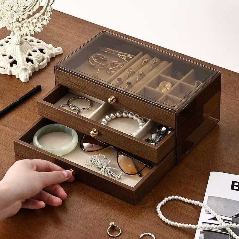 Multi-layer jewelry box, necklace, earrings, walnut wood grain, large-capacity storage box, brown acrylic jewelry box details Picture