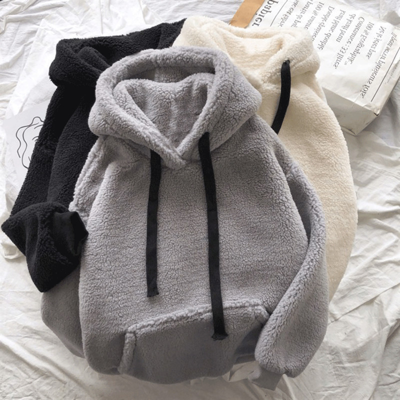 Cross-border lambskin hoodie for women in autumn and winter, ins Korean version, waitmore hooded, fleece, thick and loose jacket, sent on delivery Specification drawing