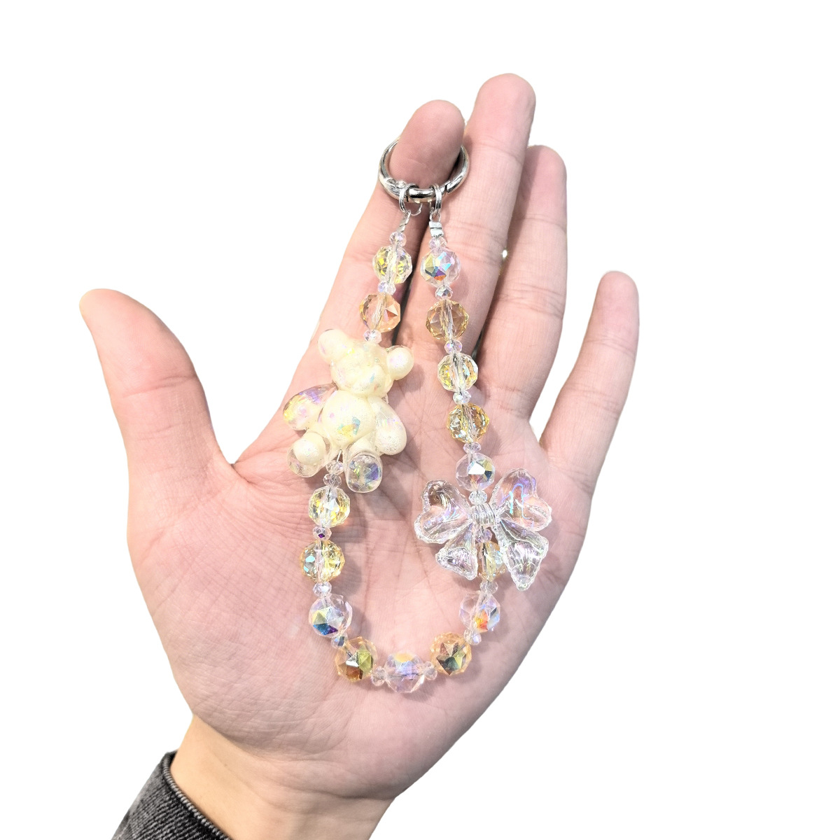 High-end and dazzling crystal bear butterfly mobile phone chain pendant, women's light luxury beaded keychain, internet-famous light luxury pendant Specification image