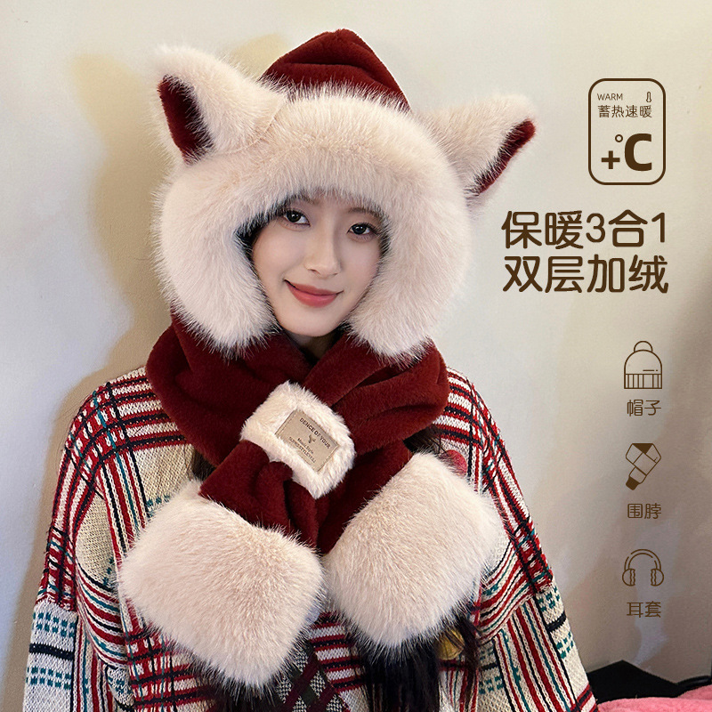 Korean plush and cute fox hat and scarf one-piece autumn and winter two-piece set with a hood, scarf and cycling head