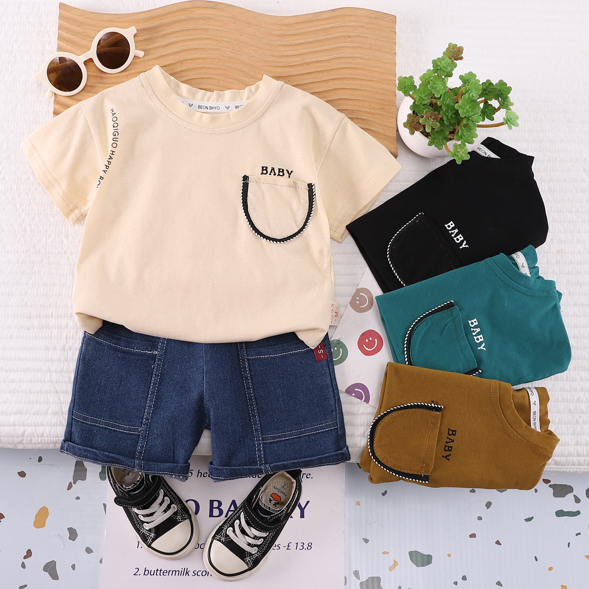 Cross-border exclusive children's summer set, new short-sleeved T-shirt and jeans two-piece set for boys and babies, wholesale for export