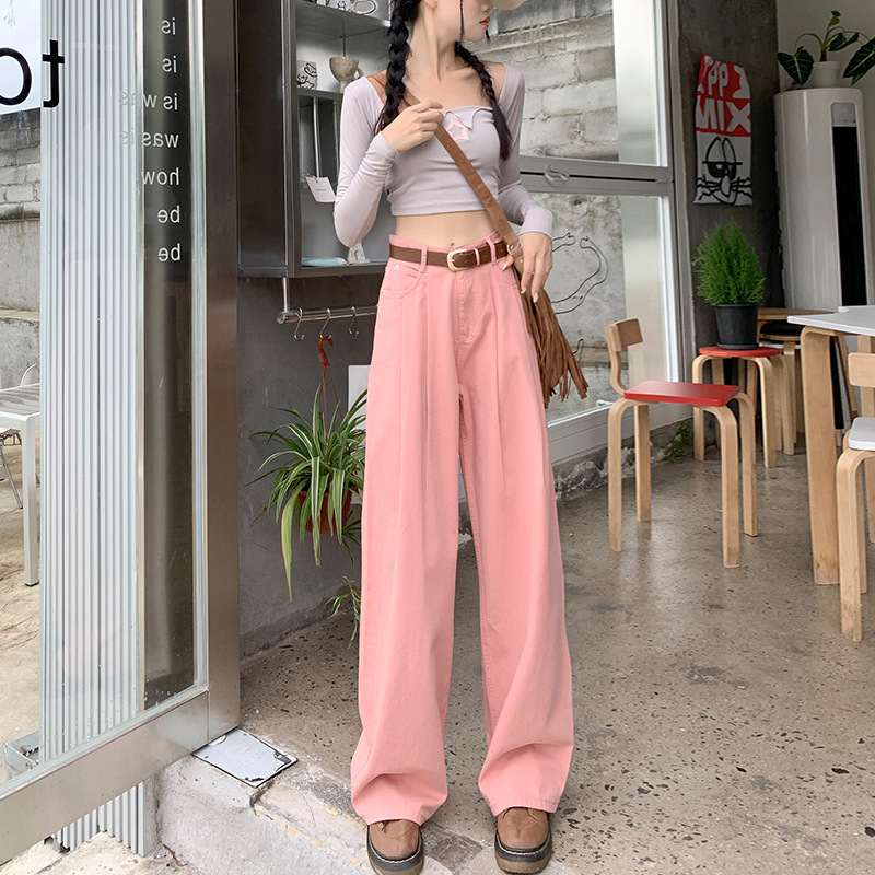 Dirty pink wide-leg jeans for women, 2024 new summer American bestseller, pleated, high-end, loose, drape floor-length pants details Picture