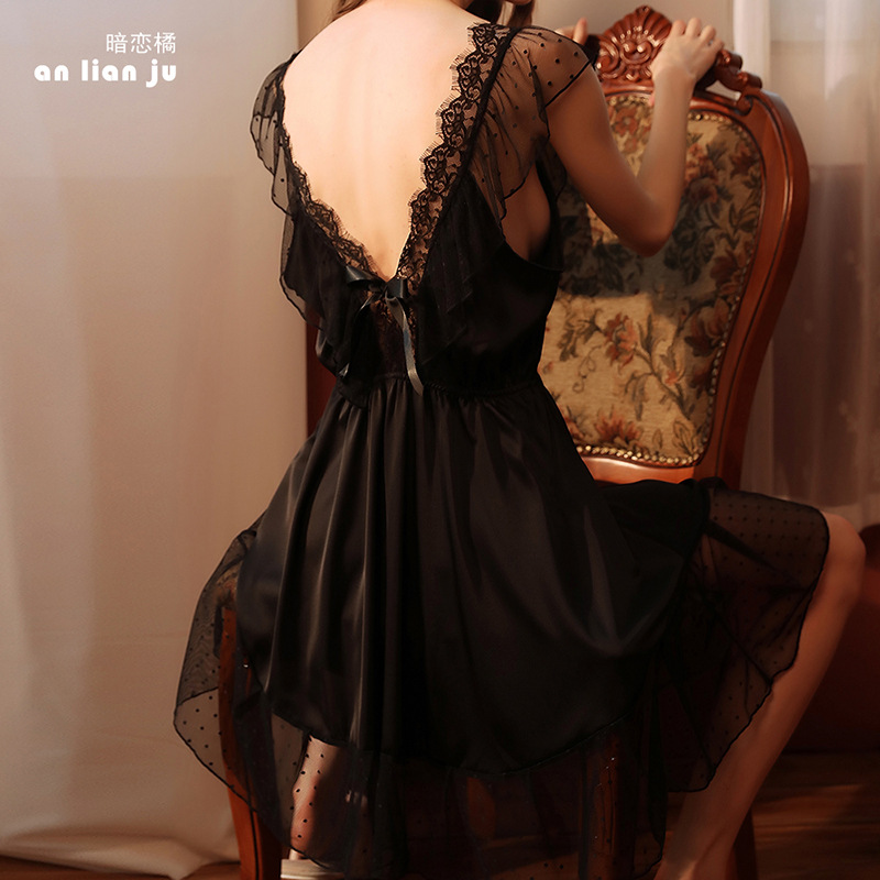 Sexy lace nightgown, silk princess-style halter dress, summer women's ice silk private pajama, backless outerwear 352 Specification drawing