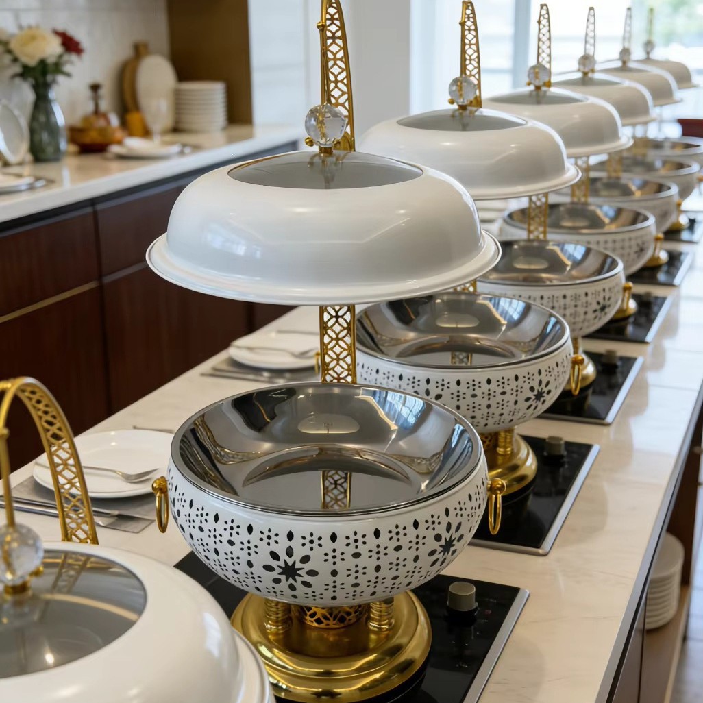 Stainless steel golden luxury restaurant hotel wedding insulated pot alcohol heating 8-liter capacity food insulated with belt details Picture