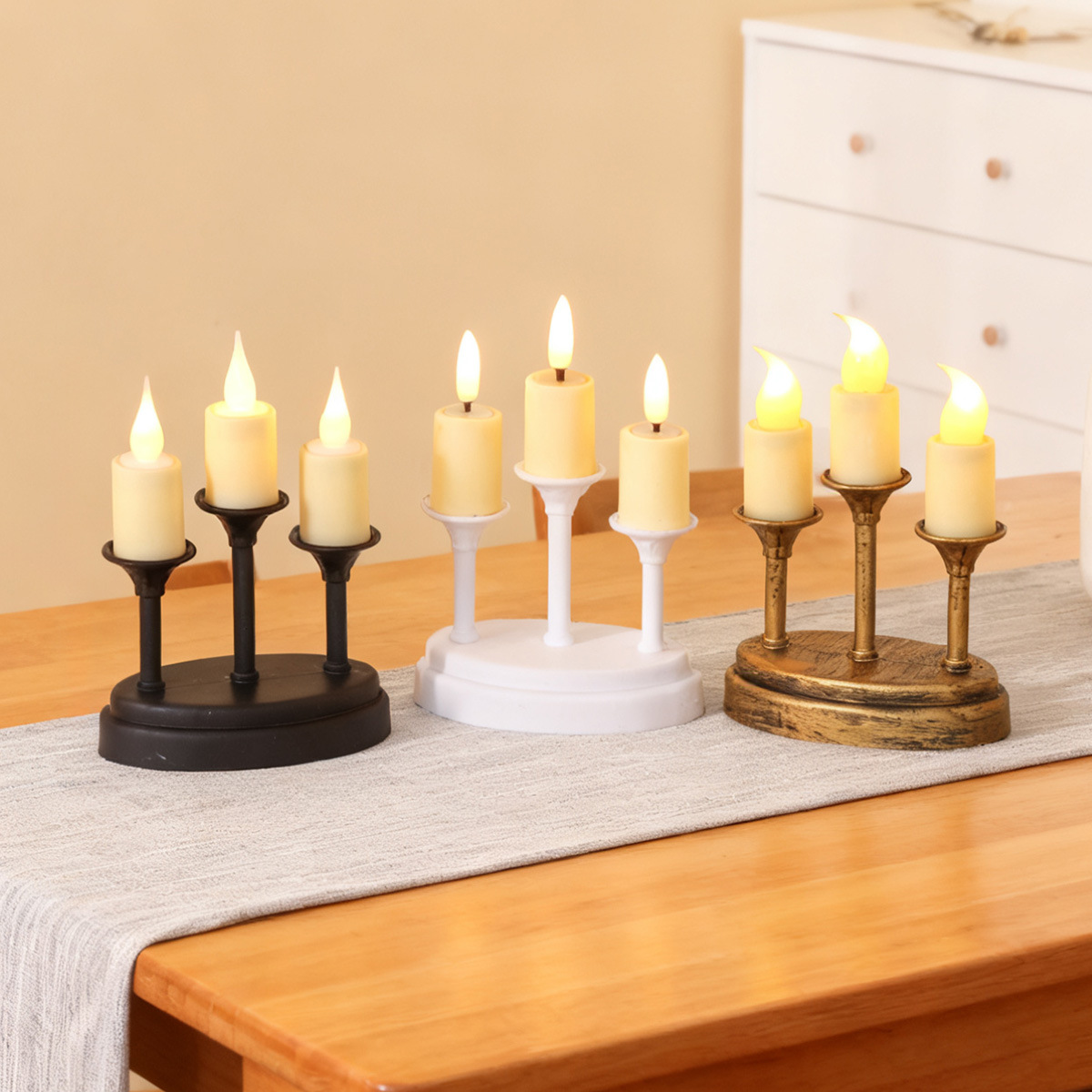 Retro three-headed LED electronic candle lamp, Nordic InS-style home decoration candlestick ornament, realistic romantic atmosphere lamp Application Scenario