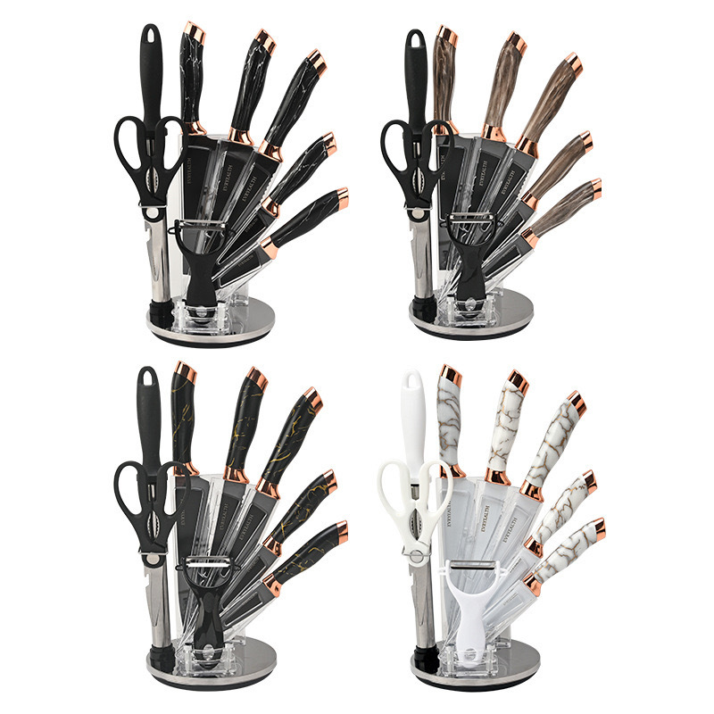 Cross-border best-selling stainless steel double electroplated head marble-patterned belt rotating base nine-piece household kitchen knife set Item Picture