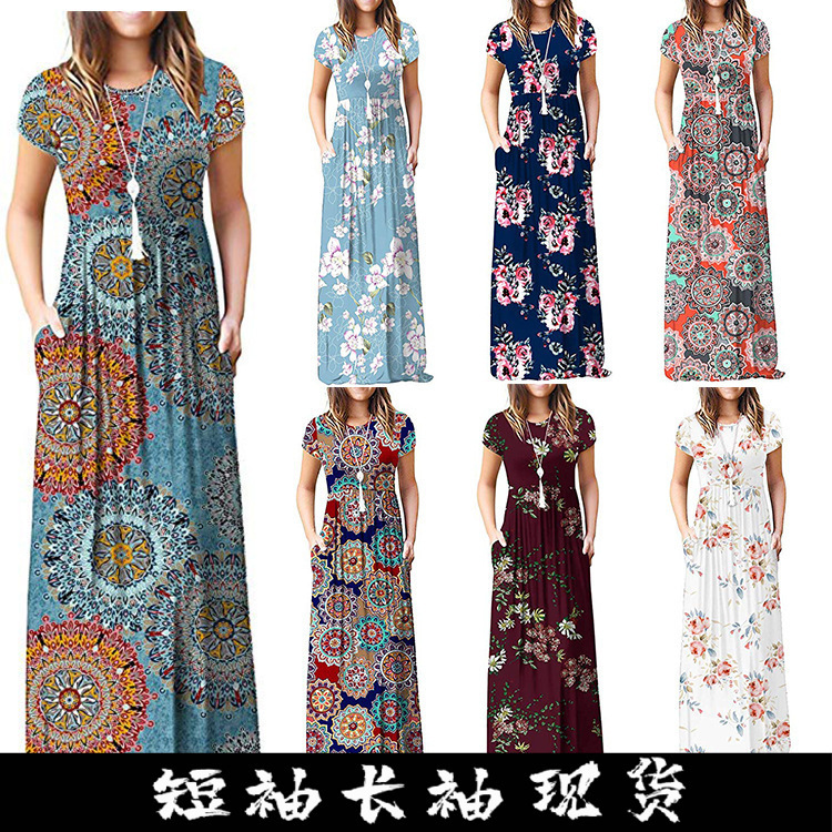Amazon's best-selling 2026 Spring new printed short-sleeved pocket dress long dress in cross-border stock full figure