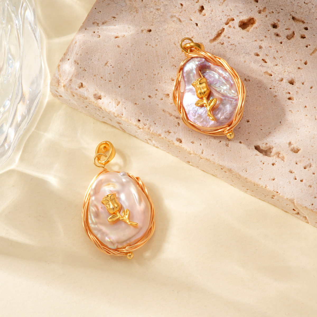 Baroque pearl rose pendant, 18k copper plated with real gold, color retention, high-end style bracelet, necklace clasp, DIY accessory details Picture