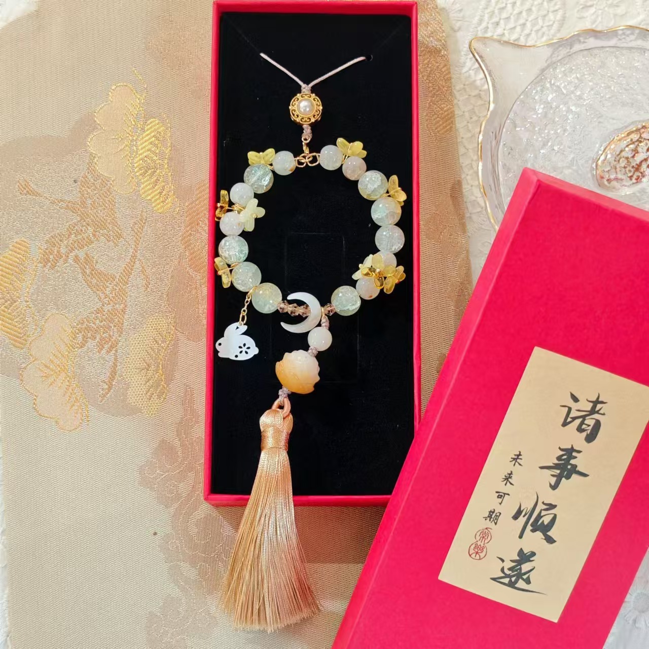 寺庙蟾宫折桂琉璃莲花流苏菩提有钱花好运手持车载包挂手机挂批发图