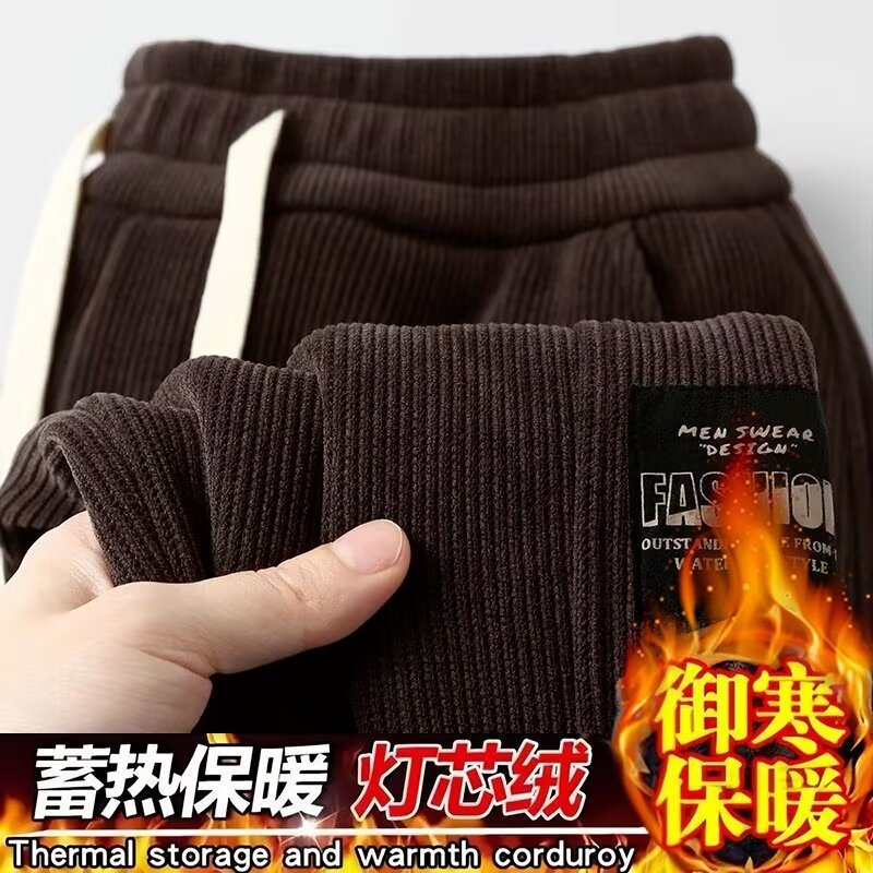 Men's large-sized, fashionable and trendy Korean-style corduroy and fleece pants with a patchwork design, wholesale export of tight-fitting casual pants Specification drawing