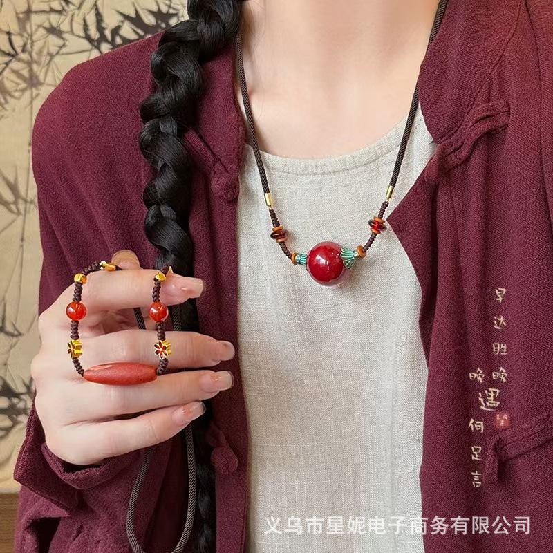 星妮复古安可拉红红石项链松石锁骨链珠吊坠挂件女款厂家批发