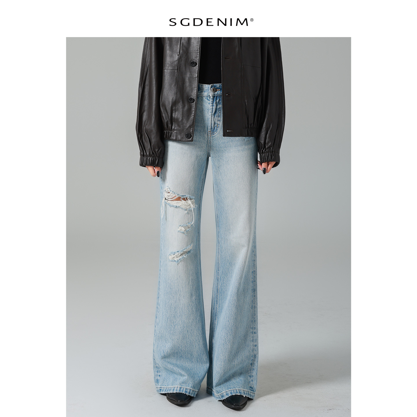 Classic light blue ripped high-waisted flared jeans for women, wide-leg retro flared pants, 25 early autumn new style, slimming details Picture