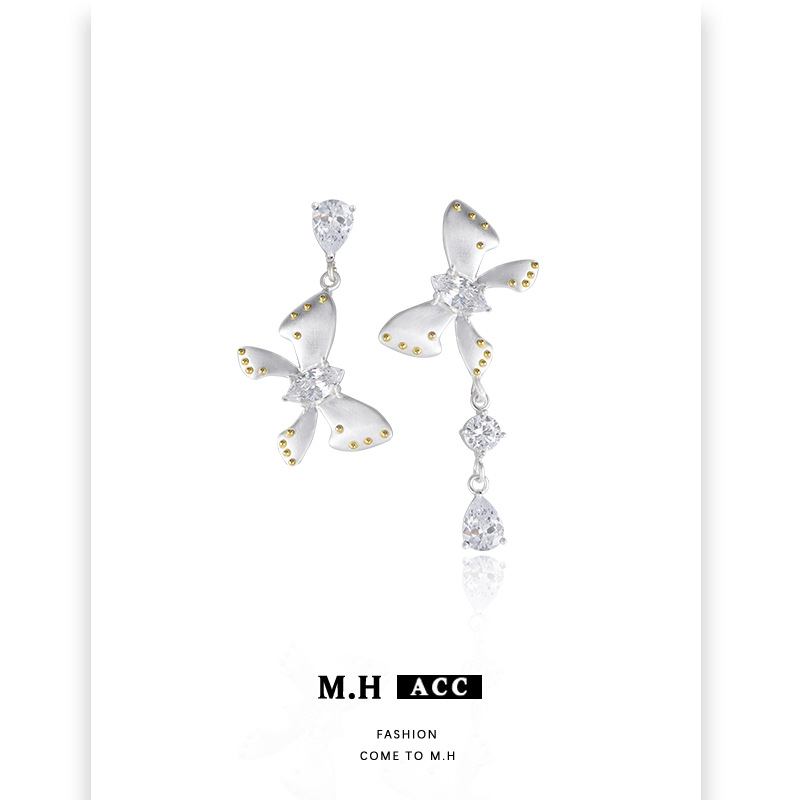 Asymmetrical bow earrings for women, original and niche design, sweet and elegant, high-end, 925 silver needle earrings