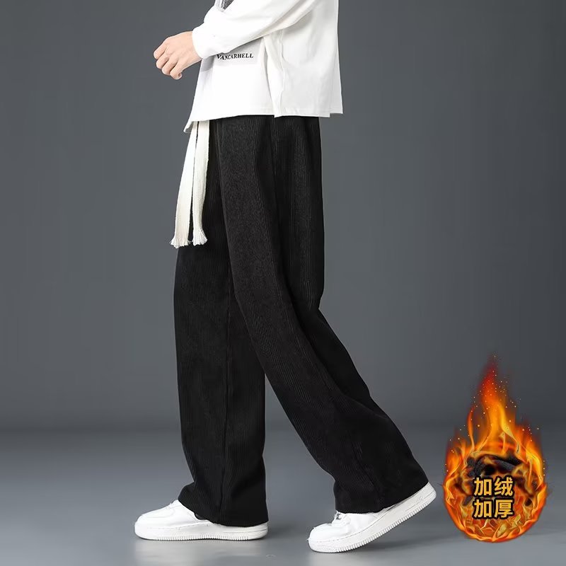 The new winter men's trousers, casual pants, loose straight-leg corduroy and fleece warm wide-leg sports pants details Picture