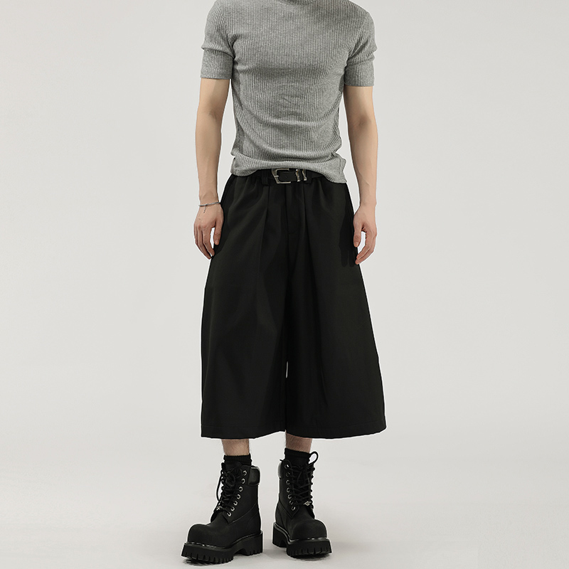 Solid color, wide-leg, pleated, drape, semi-elastic, tight-waisted, capridged pants for both men and women, casual dress pants and shorts, trendy full figure
