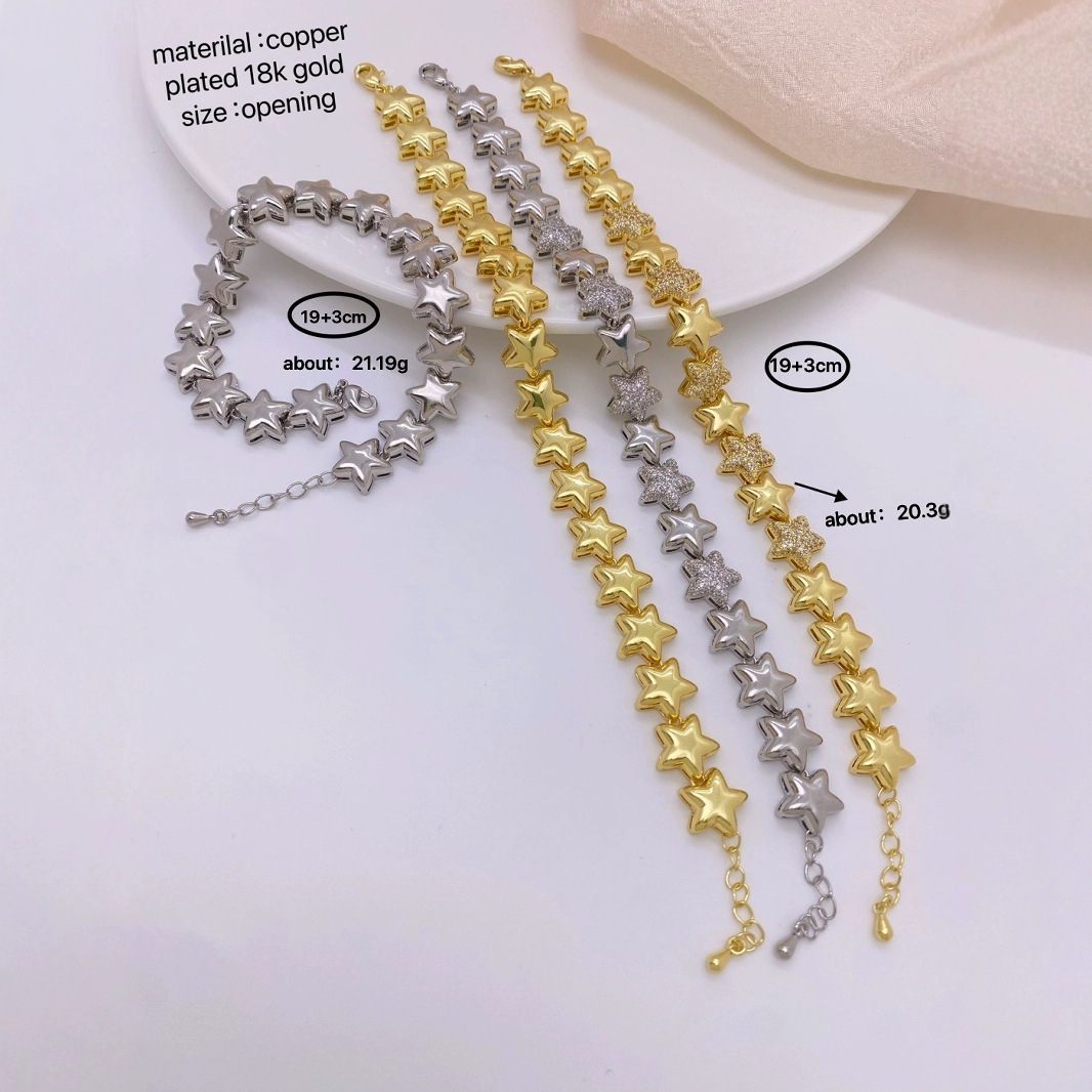 Cross-border colored zircon bracelet, European and American fashion and high-end style copper-plated 18K gold five-pointed star bracelet jewelry Specification drawing