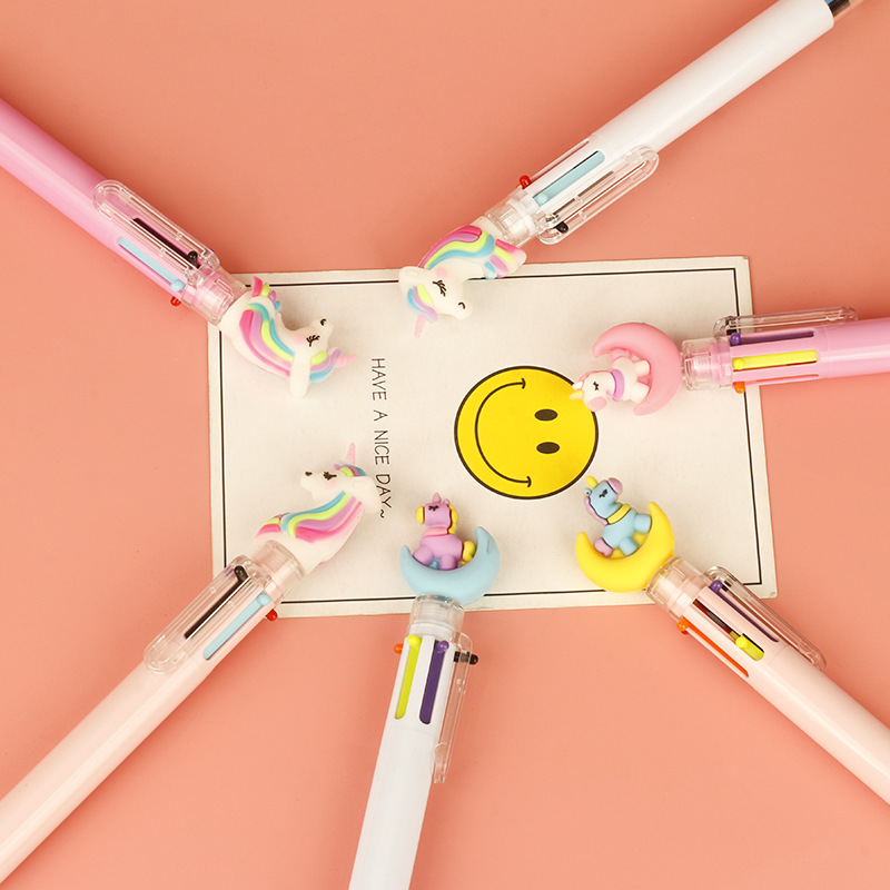 Creative 6-color pens, colored ballpoint pens, cute and girlish, cartoon pink pigs, unicorns, swans, magic wand stationery Specification drawing