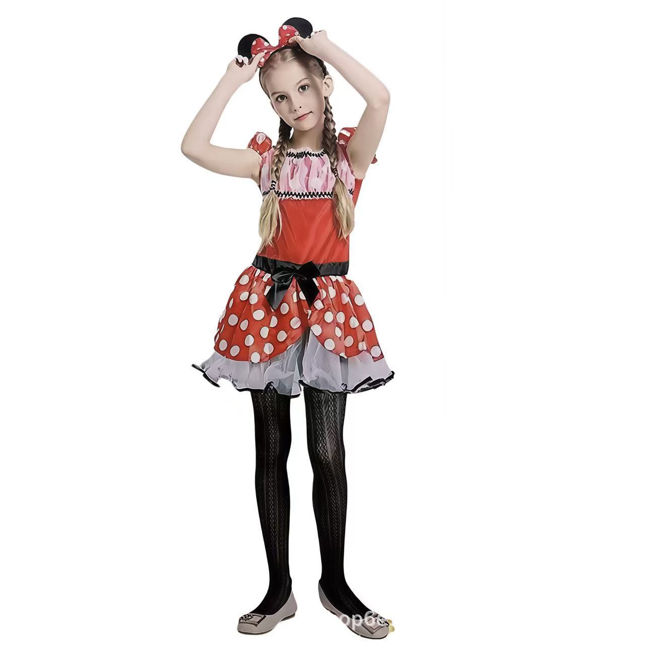 新款万圣节服装儿童节米奇米妮发箍裙子派对角色扮演红色波点裙