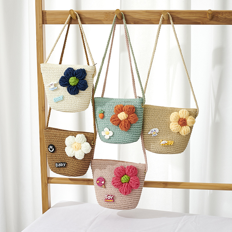 Cross-Border Straw Weaving Bags Spring And Summer New Products: Children's Straw Weaving Small Bags, Baby Crossbody Small Round Bags, Cute Straw Weaving Girls' Mini Crossbody Bags, Handmade Straw Weaving Bags details Picture