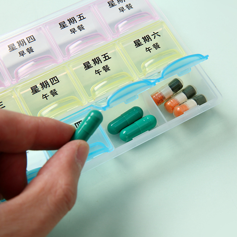 3排21格翻盖式七彩21格药盒便携式塑料药盒产品图