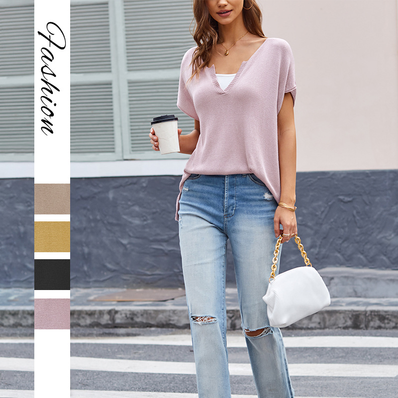 New V-neck loose plus-size casual European and American women's pullover short-sleeved knitted sweater for Spring/Summer 2026 cross-border Amazon full figure