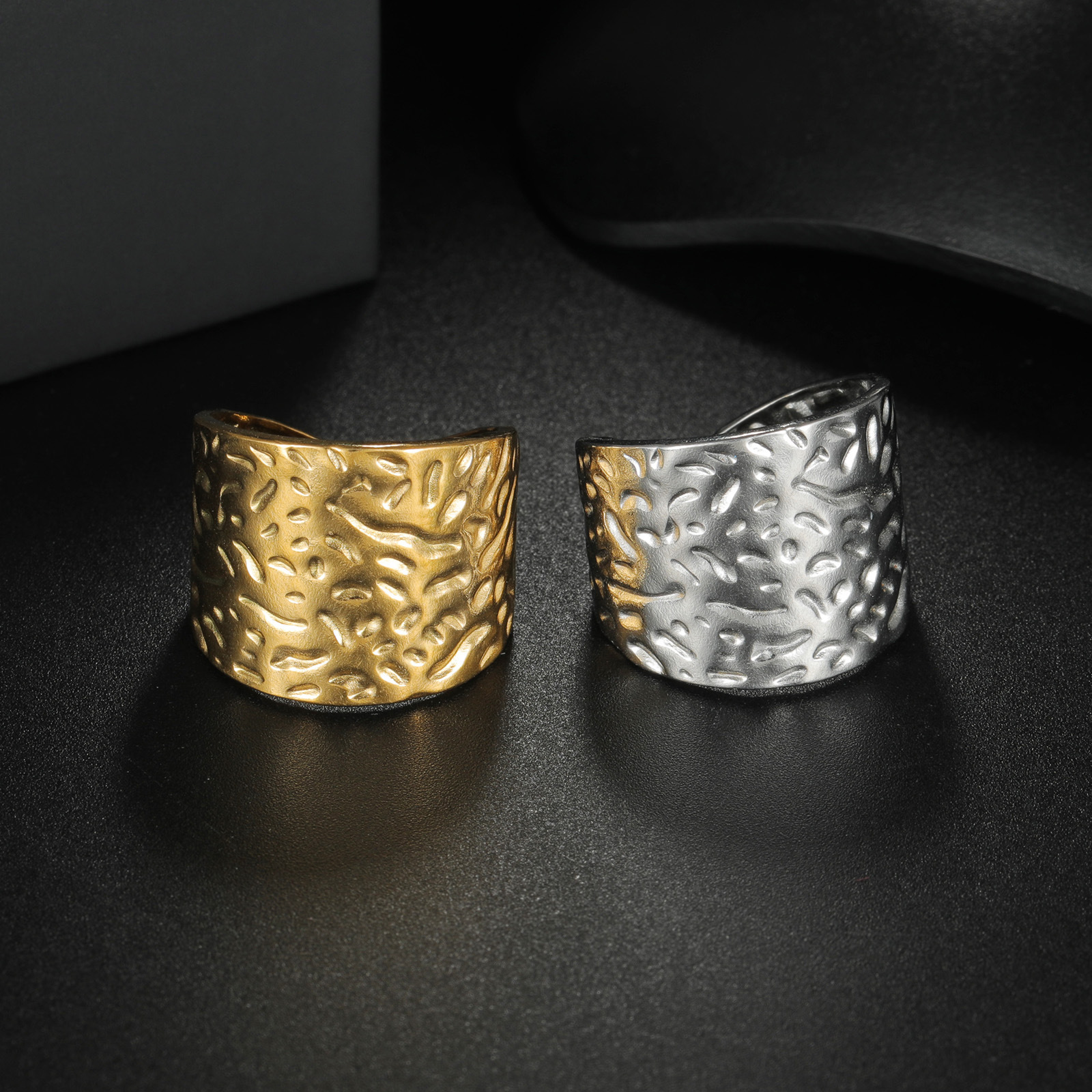 European and American retro wide irregular tap texture ring, stainless steel open ring, exaggerated style ladies' ring