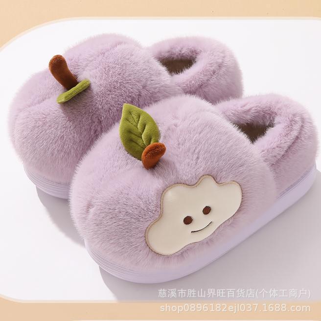 棉拖鞋女冬季室内居家包头保暖加绒防滑舒适厚底可爱苹果毛毛拖鞋