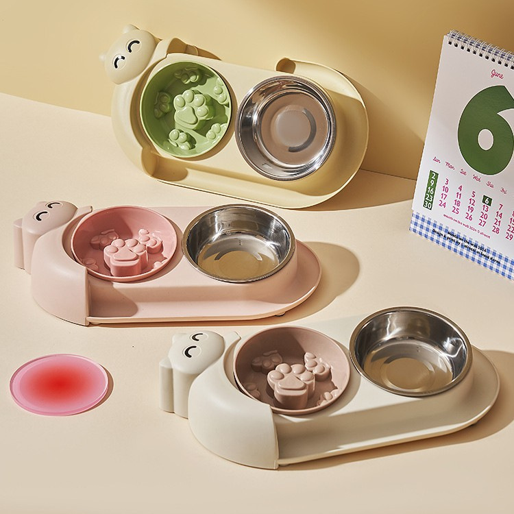 Multi-functional pet double-bowl cartoon with stainless steel bowl, pet feeding utensils, pet water and feeding two-in-one anti-slip bowl