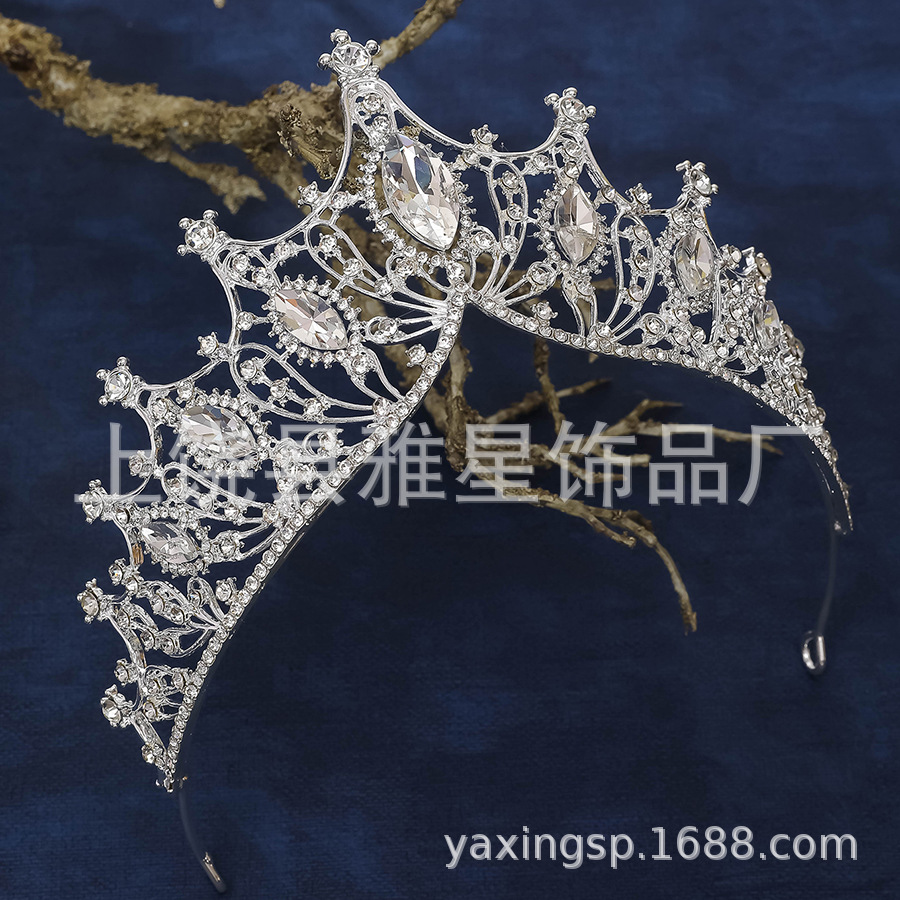 Factory direct sales of metal water diamond princess headwear, luxurious wedding gowns and dresses, and super-sparkling crystal woven bridal crowns Item Picture